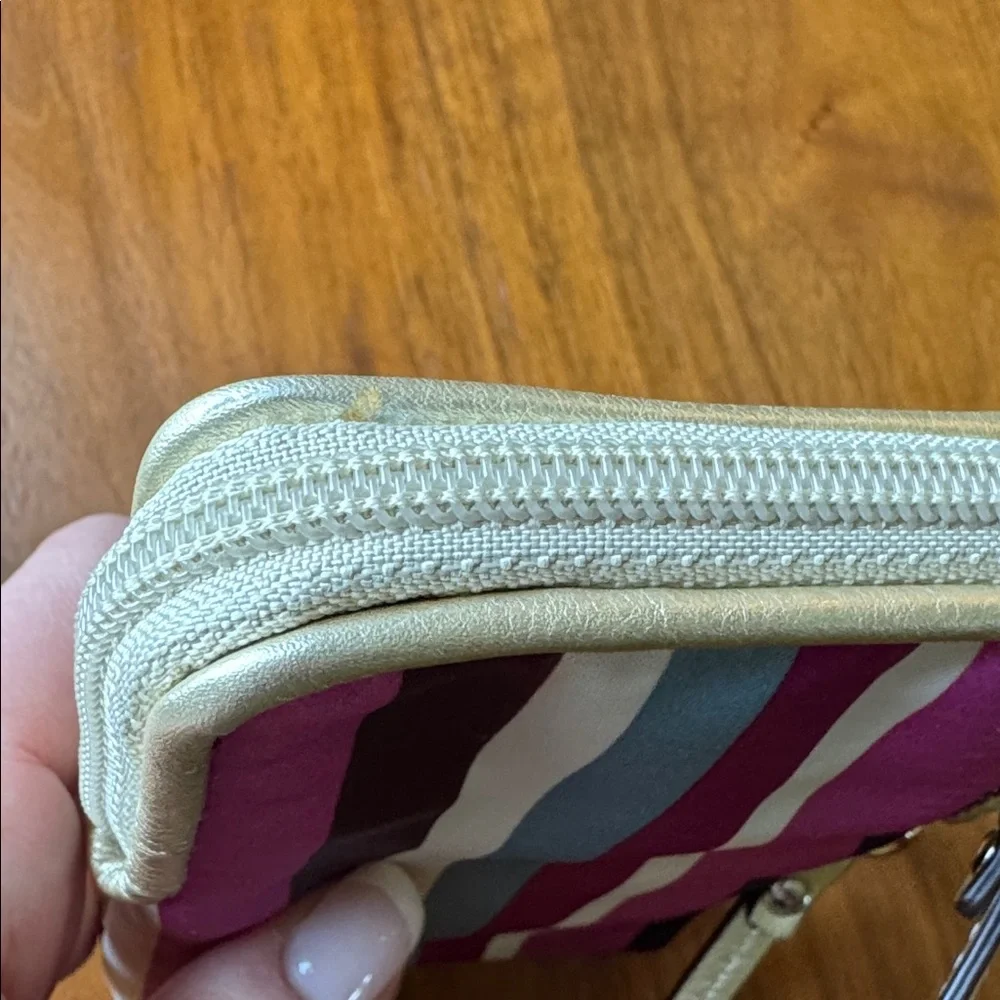 Coach Legacy Stripe Universal Wristlet Pouch Zip Wallet Gold Leather Pink Inside